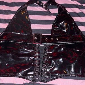 wet n wild Black Vinyl Halter Lace-Up Crop Top